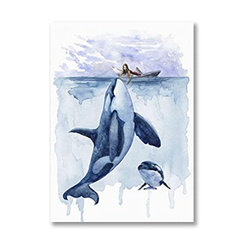 HWNU Arte De Pared De Lienzo Pintura de Ballena Azul, Impresiones artísticas, decoración de guardería, tiburón Ballena jorobada, Lienzo de Animales, póster, Imagen, decoración de baño Sin Marco