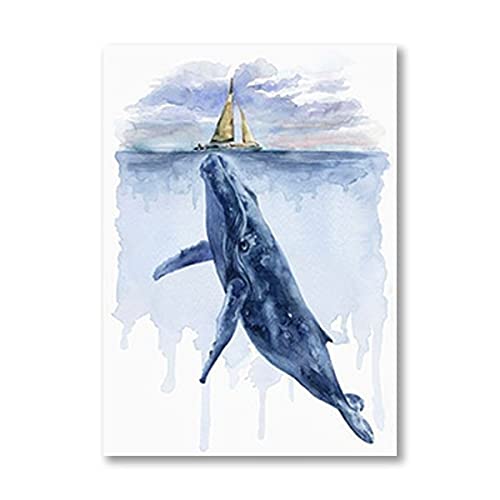 HWNU Arte De Pared De Lienzo Pintura de Ballena Azul, Impresiones artísticas, decoración de guardería, tiburón Ballena jorobada, Lienzo de Animales, póster, Imagen, decoración de baño Sin Marco