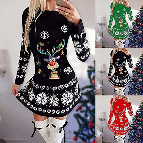 IHGWE Vestido de Navidad para mujer con diseño de muñeco de nieve, con un hombro, estampado de alce de Navidad, retro, swing verde L