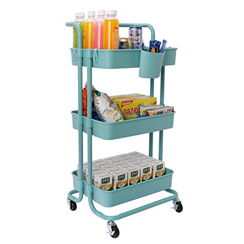 Jakago Carrito de cocina con ruedas, 3 niveles, cesta de almacenamiento de capacidad de 150 libras con 2 estantes de rueda con cerradura para el hogar, oficina, cocina, baño, salón de belleza