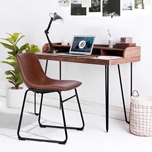 Juego de 2 sillas de comedor de piel sintética, sin reposabrazos, estilo retro, con patas de metal y esterilla protectora para el suelo, color marrón