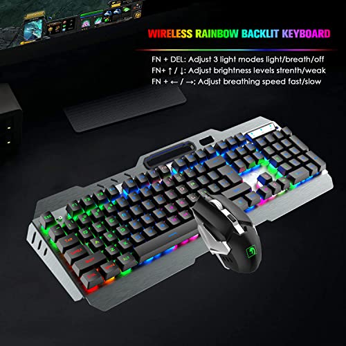 Juego de teclado y ratón inalámbricos recargables 2,4 G, 3800 mAh, gran capacidad, retroiluminación LED arcoíris con sensación mecánica, Smart Sleep + 2400 DPI 7 colores de ratón LED silencioso.