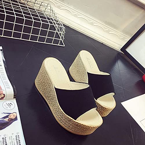 KaO0YaN Boca de pescado zapatillas frescas fondo grueso pepson sandalias de playa de gran tamaño con tacones altos de las señoras-black_EU35wedge sandalias de la muleta