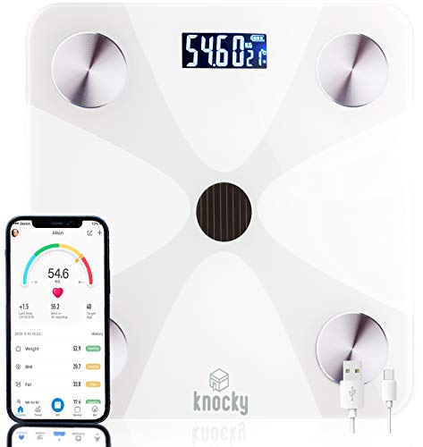 KNOCKY Bascula de Baño Digital Inteligente Bluetooth, Sin Pilas, Carga USB, Luz Artificial y Solar - Medición Alta Precisión Peso Corporal - Proteina -Grasa Corporal, Masa Muscular, IMC