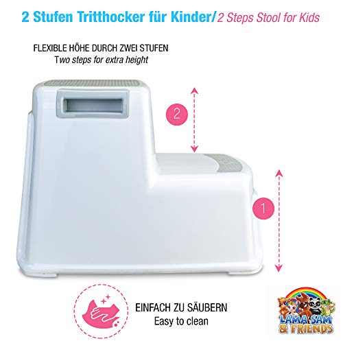 Lama Sam & Friends - Taburetes en dos etapas para niños Escalón para el Baño para Enseñar a Usar el WC a Niños (Blanco-Gris)