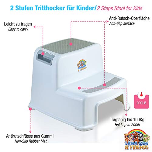 Lama Sam & Friends - Taburetes en dos etapas para niños Escalón para el Baño para Enseñar a Usar el WC a Niños (Blanco-Gris)