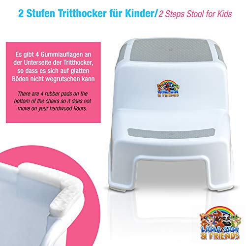 Lama Sam & Friends - Taburetes en dos etapas para niños Escalón para el Baño para Enseñar a Usar el WC a Niños (Blanco-Gris)