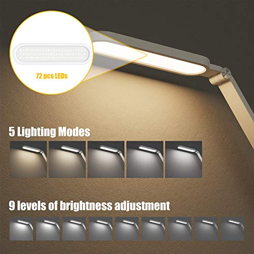 Lámpara de escritorio LED, JKSWT Lámparas de mesa para el cuidado de ojos protege los ojos Lámpara de oficina regulable con 5 modos de color Puerto de carga USB Control táctil y función de memoria
