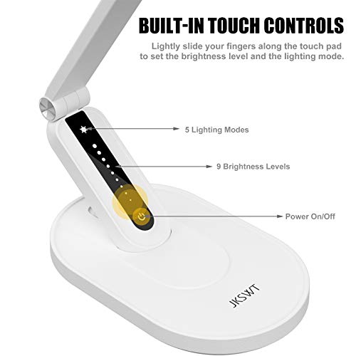 Lámpara de escritorio LED, JKSWT Lámparas de mesa para el cuidado de ojos protege los ojos Lámpara de oficina regulable con 5 modos de color Puerto de carga USB Control táctil y función de memoria