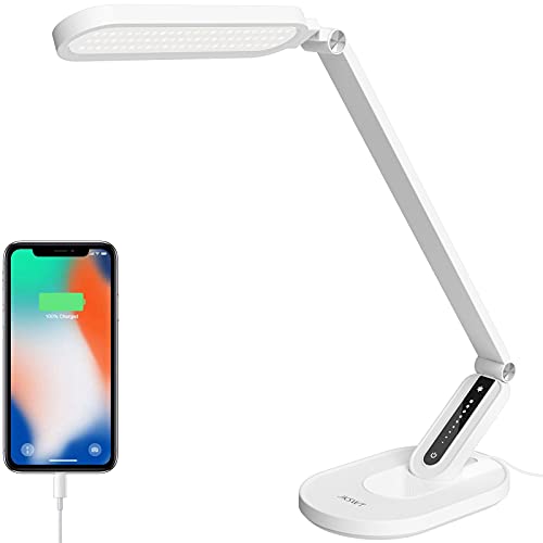 Lámpara de escritorio LED, JKSWT Lámparas de mesa para el cuidado de ojos protege los ojos Lámpara de oficina regulable con 5 modos de color Puerto de carga USB Control táctil y función de memoria
