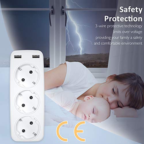 LENCENT Ladron Enchufes Schuko Enchufe Multiple 4000W, Enchufe USB de Pared con 3 Clavija Schuko y 2 USB Puertos, Adaptador Enchufe Portátil con USB, Familia, Officio e Viaje