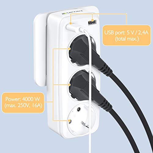 LENCENT Ladron Enchufes Schuko Enchufe Multiple 4000W, Enchufe USB de Pared con 3 Clavija Schuko y 2 USB Puertos, Adaptador Enchufe Portátil con USB, Familia, Officio e Viaje