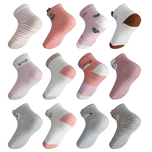 Licitn 12 Pares de Calcetines Antideslizantes para Niñas - Calcetines de Bebés con Diseño de Patrón Animal tridimensional para Niñas (12-36 meses)