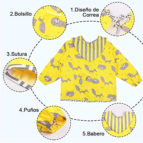 Lictin 3 Pcs Baberos Bebés con Mangas Impermeable- Baberos Manga Larga con Escote Ajustable, Tela Impermeable Interior, Cómodo y Transpirable para 0-24 Meses