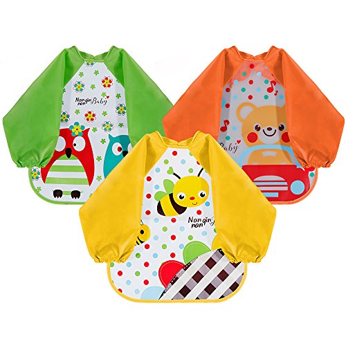 Lictin Baberos Bebe Impermeables- 3 Pcs Baberos Bebe con Mangas EVA Impermeable con Escote Ajustable, Baberos de Manga Larga para Bebes Unisex 6-36 Meses