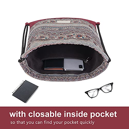 LIVACASA Mochilas de Cuerdas Mujeres Casual Mochilas Cordón Impermeable Gimnasio Deportes Ligero Gym Bag Burdeos Estampado Florales 43×33cm