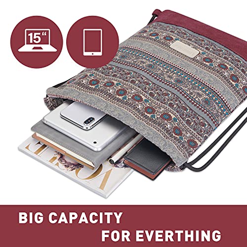 LIVACASA Mochilas de Cuerdas Mujeres Casual Mochilas Cordón Impermeable Gimnasio Deportes Ligero Gym Bag Burdeos Estampado Florales 43×33cm