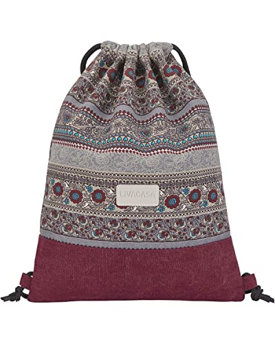 LIVACASA Mochilas de Cuerdas Mujeres Casual Mochilas Cordón Impermeable Gimnasio Deportes Ligero Gym Bag Burdeos Estampado Florales 43×33cm