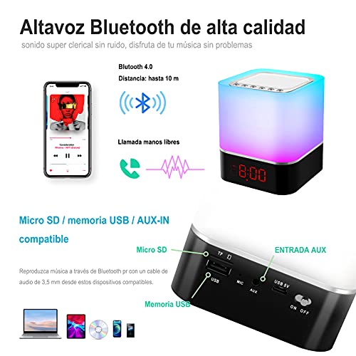 Luces nocturnas Altavoz Bluetooth, StillCool Lámpara de Noche Que Cambia de Color, Reloj Despertador Digital, Luz de Noche Multicolor RGB Regulable, Regalos para Niños Adolescentes (Colores)