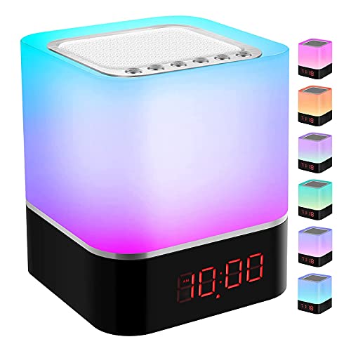 Luces nocturnas Altavoz Bluetooth, StillCool Lámpara de Noche Que Cambia de Color, Reloj Despertador Digital, Luz de Noche Multicolor RGB Regulable, Regalos para Niños Adolescentes (Colores)