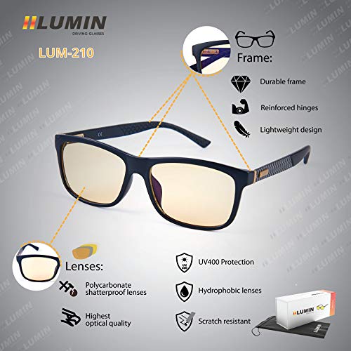 Lumin - Gafas de conducción nocturna SHIFT – Para lluvia, niebla y conducción nocturna – Seguridad en carretera – Protección UVA y UVB – Reduce la fatiga ocular y el dolor de cabeza – Estilo unisex
