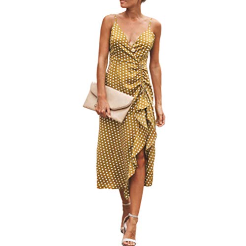 Lunares Vestidos De Verano De La De Honda Modernas Casual Las Mujeres con Cuello En V De Flancos Abiertos De Cola De Milano Tenedor Vestidos Atractivos del Verano del Resorte hasta La Rodilla Corte