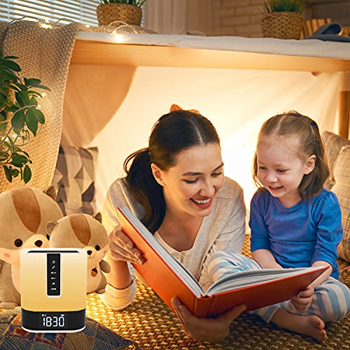 Luz Nocturna Altavoz Bluetooth,Lamparas de Mesita de Noche,Luces Despertador,Lampara de Mesa RGB Regulable Portátil Multifuncional,Reproductor MP3,Despertador Niña,Regalo Mujer Hombre Niña Niño
