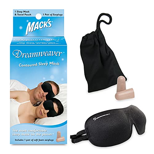 Mack's Dreamweaver - Máscara de dormir contorneada, cómoda, ajustable, doble correa con tapones para los oídos de espuma ultra suave de Mack