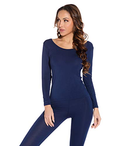 Mcilia Conjunto para Mujer de Ropa Interior Térmica Modal Ultradelgada con Cuello Redondo Bajo Azul Clásico Small (EU 34 36 38)
