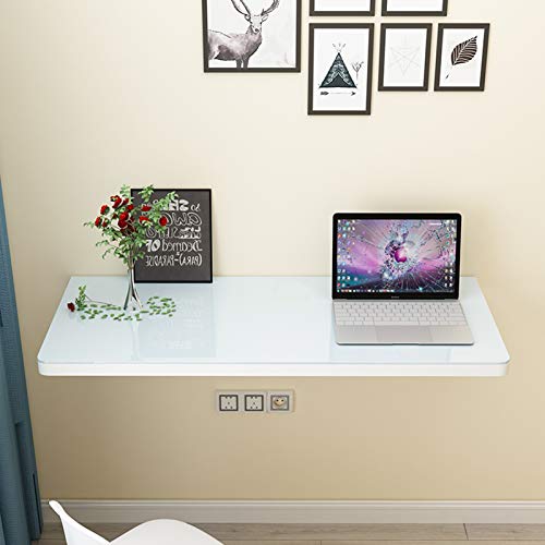 Mesa Plegable de Pared Mesa Abatible de Pared Blanca, Escritorio de Banco de Trabajo Plegable con Acabado de Vidrio Templado, Garaje/Hogar/Oficina/Lavadero/Bar/Cocina/Comedor