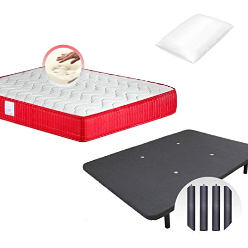 Mi Cama Me Llama Colchón Viscoelástico VISCO Confort Fresh 3D Reversible + Base Tapizada con Patas 26cm + Almohada Microfibra Mash (90 x 190 cm)