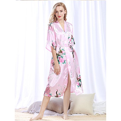 Morbuy Vestido Pijama Pavo Real Mujer Kimono Corto Bata de Satén Kimono Satén Bata Albornoz Camisón