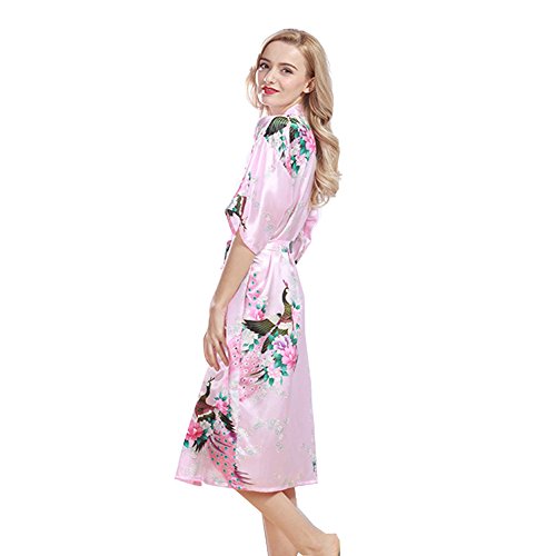 Morbuy Vestido Pijama Pavo Real Mujer Kimono Corto Bata de Satén Kimono Satén Bata Albornoz Camisón