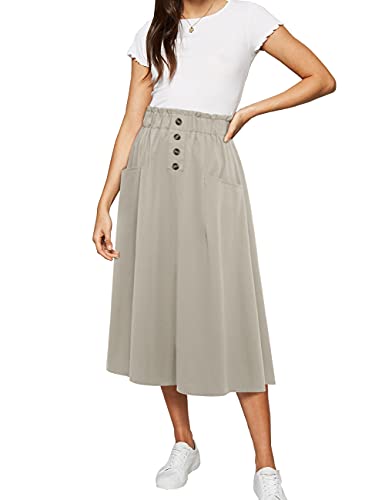 MUADRESS 9019 Vintage A-Line Falda Midi Acampanada Mujer Falda Larga Algodón Cintura Elástica con Bolsillos y Botones Color Sólido Beige S
