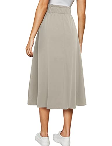 MUADRESS 9019 Vintage A-Line Falda Midi Acampanada Mujer Falda Larga Algodón Cintura Elástica con Bolsillos y Botones Color Sólido Beige S