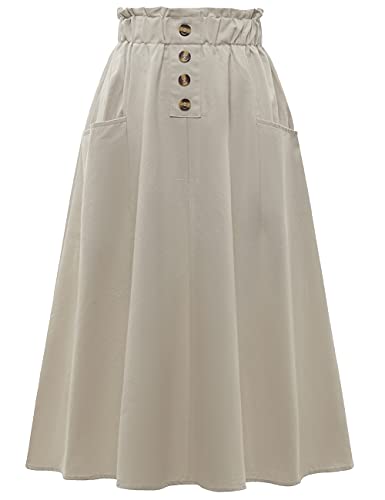 MUADRESS 9019 Vintage A-Line Falda Midi Acampanada Mujer Falda Larga Algodón Cintura Elástica con Bolsillos y Botones Color Sólido Beige S