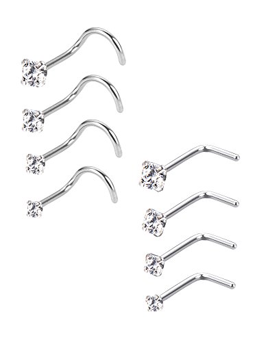 Mudder 20 Guage Piercing de Nariz de Acero Inoxidable Aros de Nariz de Zirconia Cúbica Joya de Cuerpo, Forma de Tornillo y L Curvado, 8 Piezas