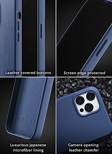 Mujjo Funda de Piel para iPhone 13 Mini (Azul) - Funda de Cuero Suave Efecto Envejecido Natura - Elevado 1mm en la Pantalla - Cubierta súper Delgada - Carga inalámbrica - 5,4 Pulgadas