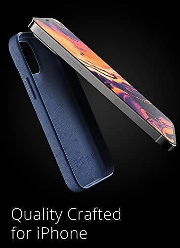 Mujjo Funda de Piel para iPhone 13 Mini (Azul) - Funda de Cuero Suave Efecto Envejecido Natura - Elevado 1mm en la Pantalla - Cubierta súper Delgada - Carga inalámbrica - 5,4 Pulgadas