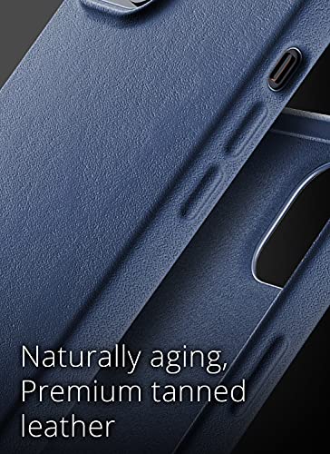 Mujjo Funda de Piel para iPhone 13 Mini (Azul) - Funda de Cuero Suave Efecto Envejecido Natura - Elevado 1mm en la Pantalla - Cubierta súper Delgada - Carga inalámbrica - 5,4 Pulgadas