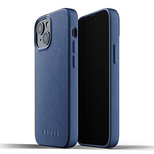 Mujjo Funda de Piel para iPhone 13 Mini (Azul) - Funda de Cuero Suave Efecto Envejecido Natura - Elevado 1mm en la Pantalla - Cubierta súper Delgada - Carga inalámbrica - 5,4 Pulgadas