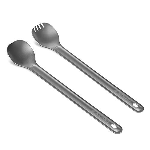 Navaris Set de 2X Cubierto de Titanio - 1x Cuchara 1x Cuchara con púas de Tenedor - Cubiertos de 21.5 x 3.9 CM para Camping Senderismo con Bolsa