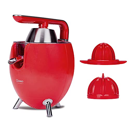NEW CHEF - Exprimidor Zumo Eléctrico Juicer Classic Rojo para Naranjas y Cítricos, 300W con Doble Cono, Sist. Antigoteo y ON/OFF Automático. Máquina Exprimidora de Zumo Desmontable y de Fácil Limpieza