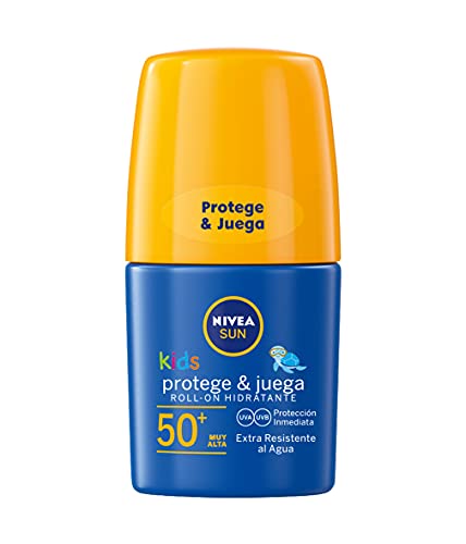 NIVEA SUN Roll-On Solar Niños Protege & Juega FP50+ (1 x 50 ml), protector solar roll-on para niños, crema solar resistente al agua, protección solar muy alta