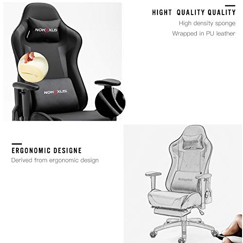 Nokaxus Silla de Oficina Silla de Computadora Gaming con Soporte Lumbar de Masaje y Reposapiés Telescópico Cuero PU Ajuste del Respaldo en 90-180 Grado (YK-6008-BLACK S2)
