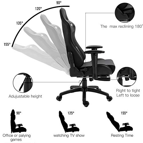 Nokaxus Silla de Oficina Silla de Computadora Gaming con Soporte Lumbar de Masaje y Reposapiés Telescópico Cuero PU Ajuste del Respaldo en 90-180 Grado (YK-6008-BLACK S2)