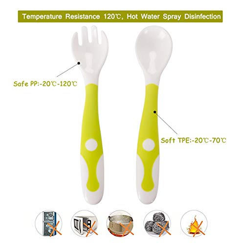 Novos Utensilios para el bebé Cuchara Tenedor Set Viaje seguro con la caja para niños pequeños bebés alimentación de los niños Formación Spoony Grip resistente al calor Flexible