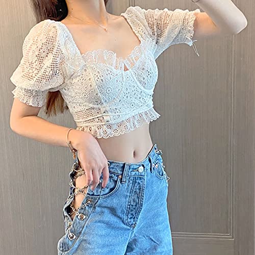 NXYJD Cuello Cuadrado con Camisa de clavícula Vendaje de algodón Mallas Blancas Top de Encaje Corto Ladies (Color : 01-White, Size : C-Small)