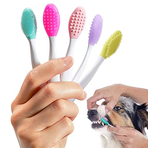 onebarleycorn – 5 Piezas Cepillo Dientes Perro,Cepillos Dentales de Silicona Suave de Doble Cara con Mango Largo Curvado Cepillos de Dientes de Perro Gato Cepillo de Limpieza Dental para Mascotas