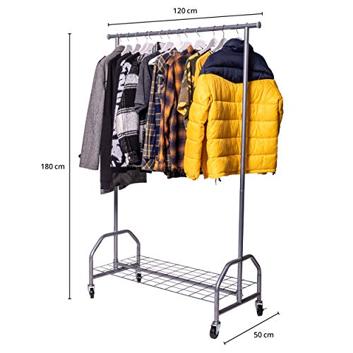 ONVAYA® Perchero con Cubierta | Alta Carga | Estable | con Ruedas y Compartimento de almacenaje | Cubierta | Carga Pesada | hasta 100 kg | Metal/plástico | Gris Plateado | 120 x 50 x 180 cm